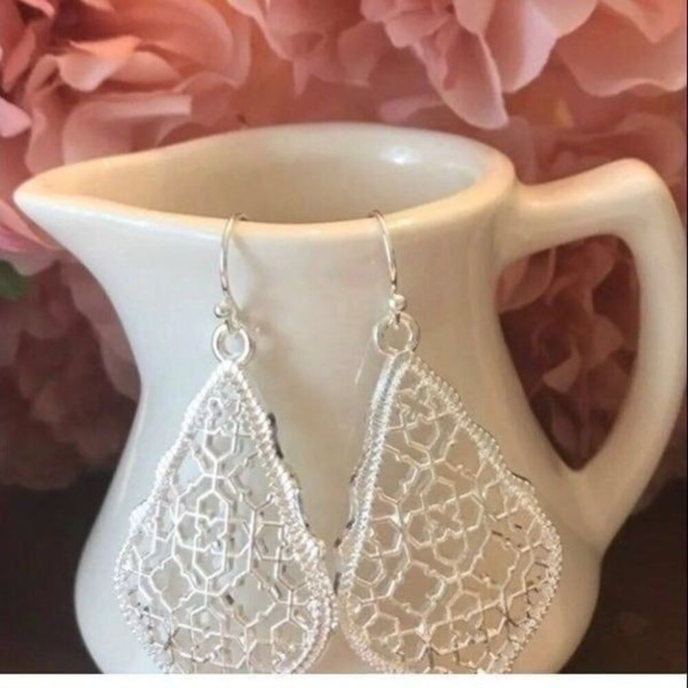 Designer Inspired Teardrop Earrings Silver Filigree Dangle Drop New